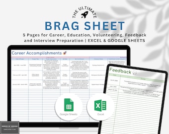 Brag Sheet Spreadsheet | Google Sheets | Excel Accomplishment Tracker | Education | Career Brag Tracker | Brag Book Template | Development