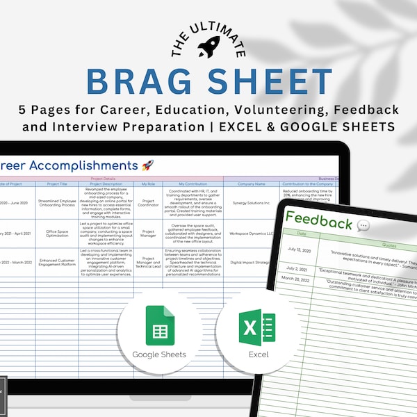 Brag Sheet Spreadsheet | Google Sheets | Excel Accomplishment Tracker | Education | Career Brag Tracker | Brag Book Template | Development