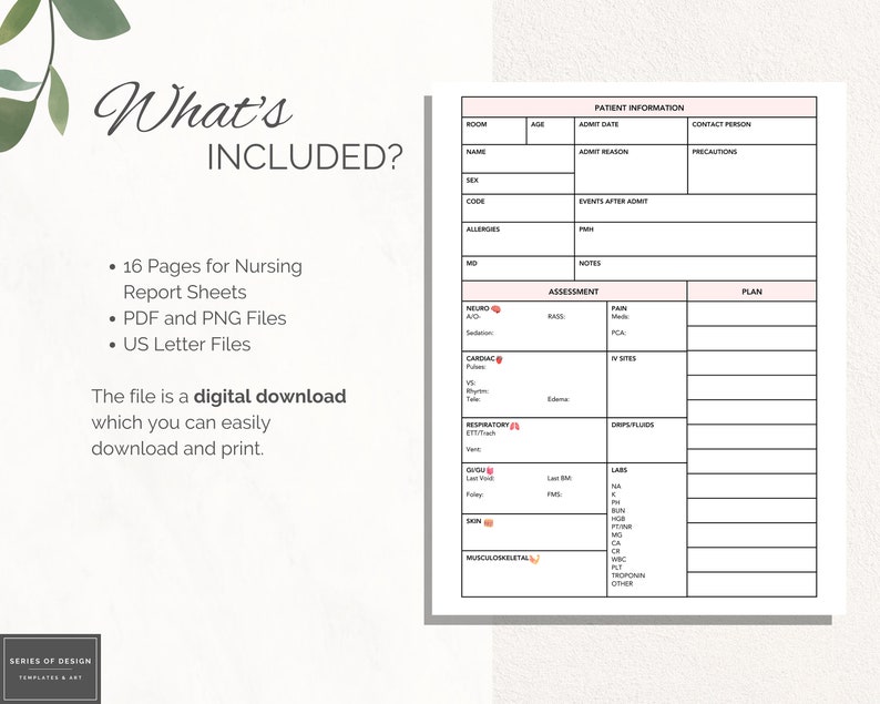 Nursing Report Sheet Printable Med Surg Nurse Brain ICU - Etsy