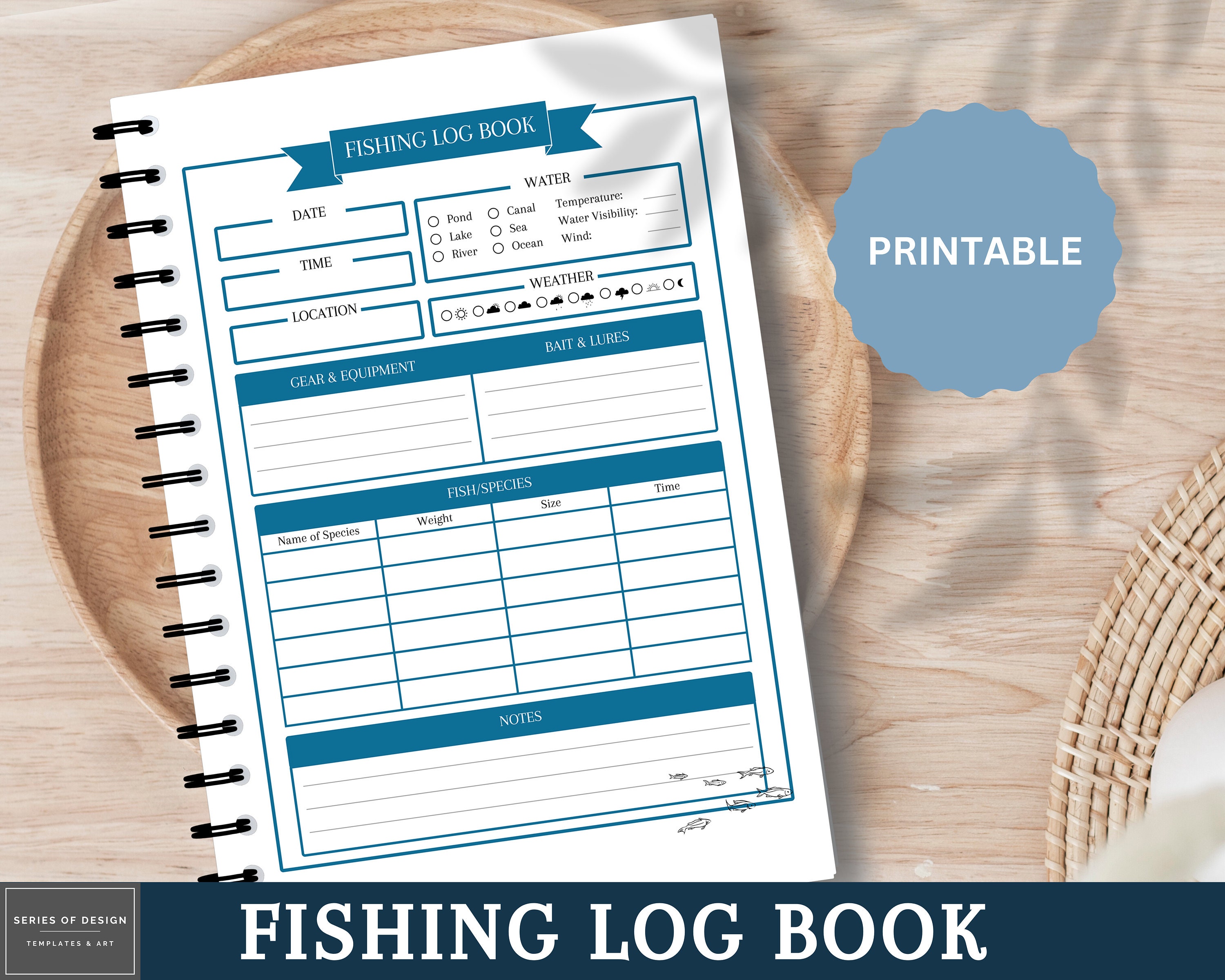 Printable Fishing Journal for Anglers Fishing Log Book Sheets in Blue Color  