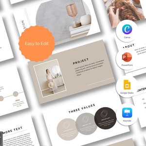 May include: A presentation template with a beige and brown color scheme. The template features a woman holding a hat, a project title, three values, and a contents section. The template is easy to edit and can be used for a variety of purposes.