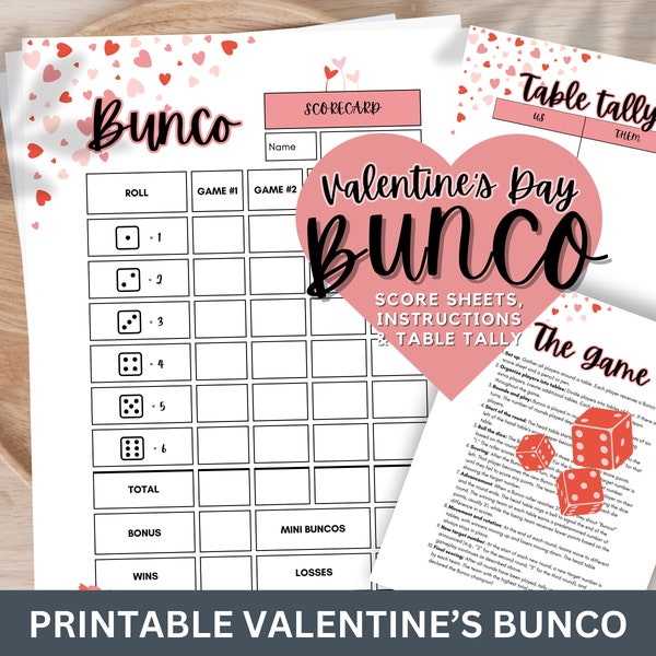 Valentines Bunco Game Printable Score Sheets, Love-Themed Table Tally, Instructions for Romantic Game Nights - Download - Print and Play