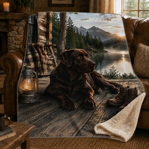 Peut inclure: Un plaid doux orné d'une impression représentant un labrador chocolat allongé sur une terrasse en bois. L'image montre une lanterne rustique, une paire de bottes en cuir marron et une vue sur un lac de montagne au lever du soleil.