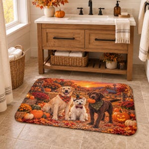May include: A rectangular bath mat featuring a colorful autumn scene with a yellow Labrador, a white West Highland Terrier, and a chocolate Labrador sitting among pumpkins and fall foliage under a sunset sky in a rural farm setting.