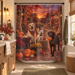 May include: A shower curtain featuring a fall farm scene with a yellow Labrador, a white terrier, and a chocolate Labrador surrounded by pumpkins, hay bales, and autumn foliage. The dogs wear bandanas and a hat, set against a sunset landscape.