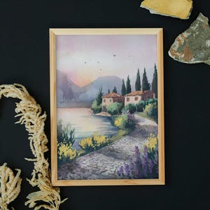 Disegno di paesaggio romantico in stile acquerello stampabile, arte murale di paesaggi naturali, stampa digitale di natura verde, download