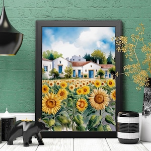 Pittura ad acquerello della campagna italiana, decorazione da parete dei campi di girasole, stampa artistica, sunflowers watercolor print