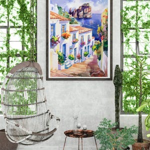 Illustrazione acquerello Mediterraneo-stampe digitali di case bianche e mare blu, arte da Parete in stile greco.