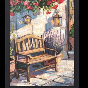 Acquerello di uno scorcio di paese con panchina in legno e fiori. Arte murale stampabile di un cortile campestre. Stampa digitale bucolica