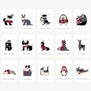 Lot de 16 cartes de voeux de Noël avec des animaux drôles, lot de 16, carte de Noël moderne, carte chat et maman, jeu de mots drôle, papa chien mignon carte rouge
