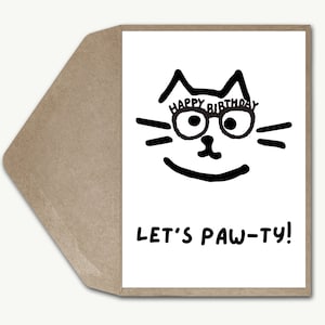 Tarjeta de cumpleaños personalizada divertida con diseño de gato, papá, broma, gato, mamá, Let's Pawty, tarjeta de felicitación en blanco y negro, tarjeta de feliz cumpleaños para padres y gatos, amigo de juego de palabras con gatos