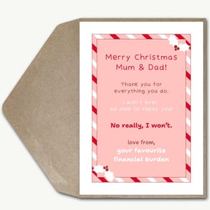 Tarjeta de Navidad divertida personalizada para mamá y papá. Carga financiera favorita que no podrá pagar. Tarjeta de felicitación divertida con broma para papá del banco. Mamá. Navidad.