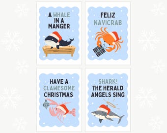 Christmas Cards Pack - Funny Animal Christmas Cards: Lobster Christmas Card, Crab Christmas Card, Whale Christmas Card, Shark Christmas Card