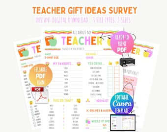 All About My Teacher Favorite Things Printable, Get To Know Teacher Questionnaire Back To School Teacher Gift Idea Survey Canva Editable PDF