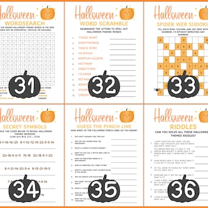 Op de afbeelding: Een set van zes Halloween-activiteitenbladen. Bevat een woordzoeker, woordscramble, Sudoku, geheime symbolen, raad de punchline en raadsels. Elk blad heeft een pompoenafbeelding en een nummer.