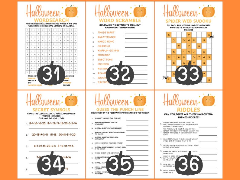 Op de afbeelding: Een set van zes Halloween-activiteitenbladen. Bevat een woordzoeker, woordscramble, Sudoku, geheime symbolen, raad de punchline en raadsels. Elk blad heeft een pompoenafbeelding en een nummer.