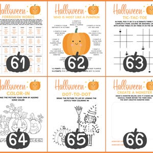Op de afbeelding: Een set van zes Halloween-activiteitenbladen met oranje randen. Elk blad bevat een pompoenafbeelding en een ander spel of activiteit, waaronder woordspelletjes, een quiz, tic-tac-toe, kleuren, punt-naar-punt en een monstercreatiespel. Nummers 61-66 staan onderaan.