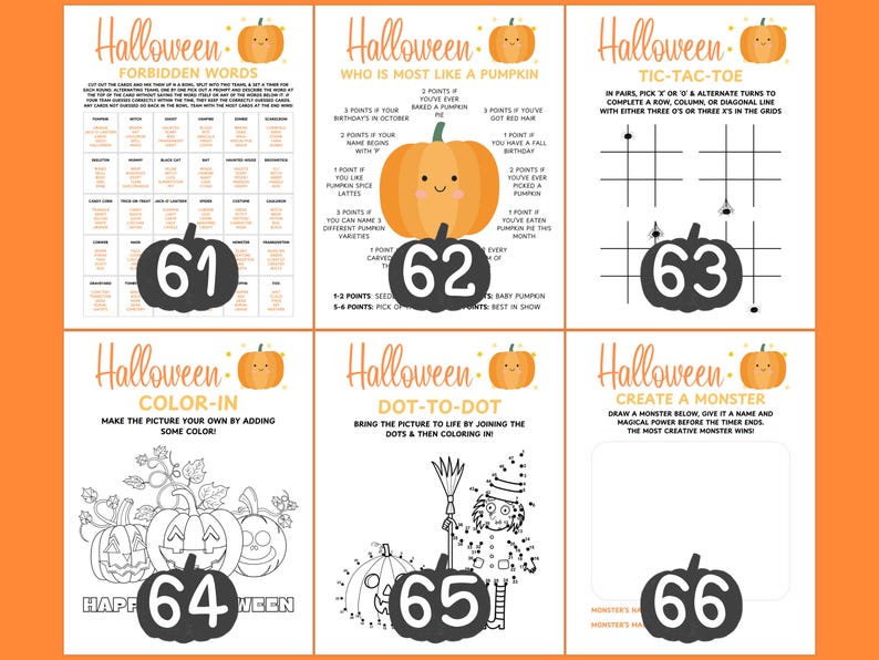 Op de afbeelding: Een set van zes Halloween-activiteitenbladen met oranje randen. Elk blad bevat een pompoenafbeelding en een ander spel of activiteit, waaronder woordspelletjes, een quiz, tic-tac-toe, kleuren, punt-naar-punt en een monstercreatiespel. Nummers 61-66 staan onderaan.