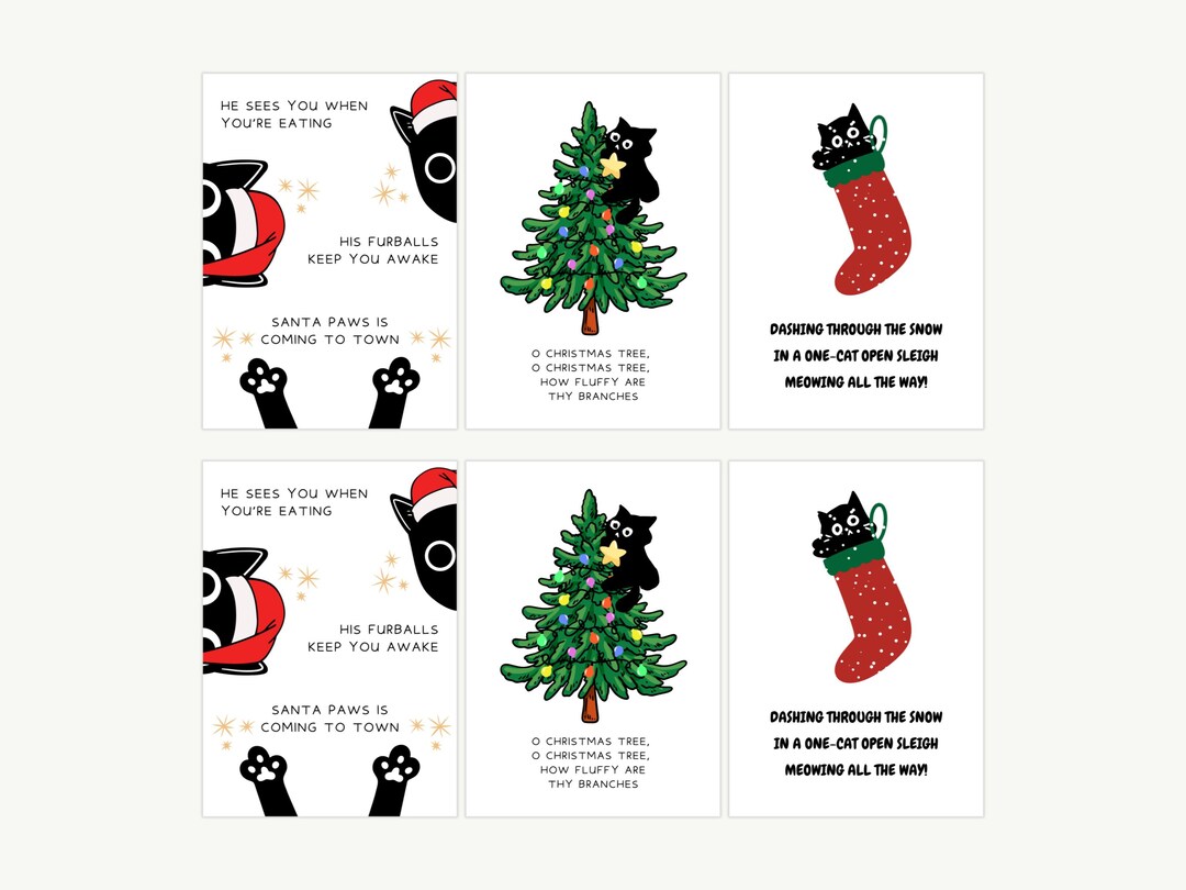Funny Cat Christmas Card Pack of 6, Santa Paws Festive Song Pun Joke ...