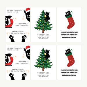 Grappige kat kerstkaart, set van 6, Santa Paws feestelijk lied woordspeling grap kerstkaart, schattige zwarte kat vakantiewenskaartenset kat vader kat moeder, A6