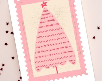 Christmas Card Multipack, Modern Christmas Tree Card Pack of 6, Modern Christmas Card, Cute Pink Xmas Tree Card, Blank Holiday Greeting Card