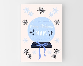 Mam Christmas Card - Merry Christmas Card For Mam, Blue Bow Snow Globe Modern Aesthetic Holiday Greeting Xmas Card