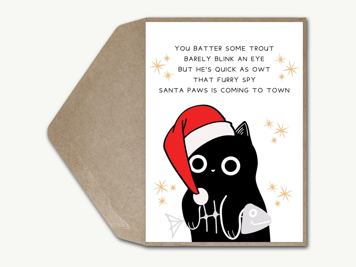 Santa Paws Funny Black Cat Christmas Card Pack 3, Festive Song Pun Joke ...