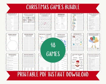 May include: A printable PDF bundle of 48 Christmas games. The games are black and white and feature a variety of themes, including Christmas carols, Christmas traditions, and Christmas food. The text "Printable PDF Instant Download" is at the bottom of the image.