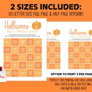 Op de afbeelding: Twee Halloween Mix & Mingle Bingo-spelbladen met oranje en gele vierkanten, een pompoenafbeelding en de tekst "Halloween Mix & Mingle Bingo". De tekst "2 maten inbegrepen" en "US Letter Size Full Page & Half Page Versions" zijn ook zichtbaar.