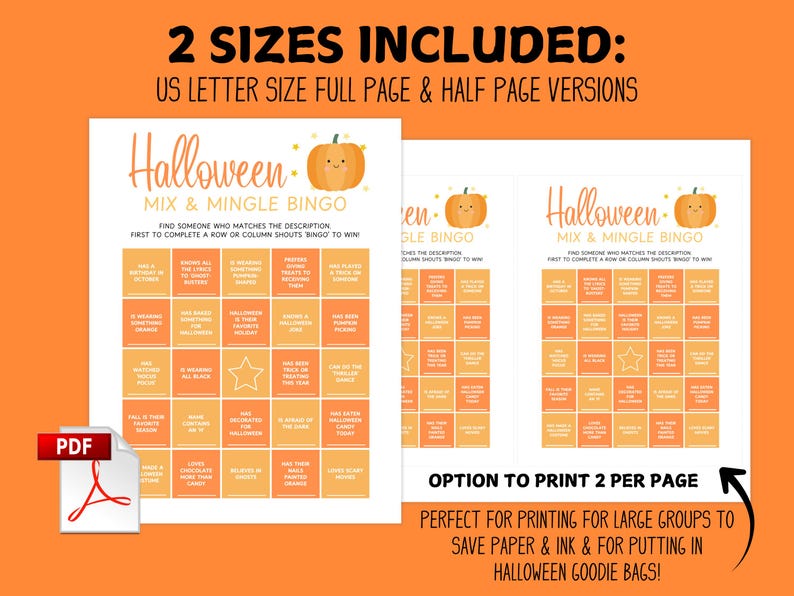 Op de afbeelding: Twee Halloween Mix & Mingle Bingo-spelbladen met oranje en gele vierkanten, een pompoenafbeelding en de tekst "Halloween Mix & Mingle Bingo". De tekst "2 maten inbegrepen" en "US Letter Size Full Page & Half Page Versions" zijn ook zichtbaar.