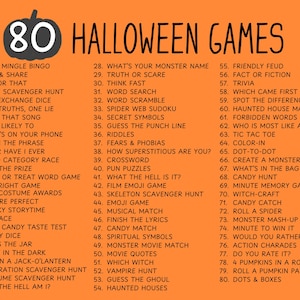 Op de afbeelding: Een oranje achtergrond met een zwarte pompoenillustratie en de tekst "80 HALLOWEEN GAMES". De lijst bevat verschillende spelidee&euml;n zoals "Candy Dice", "Haunted House Maze" en "Witch-Craft".