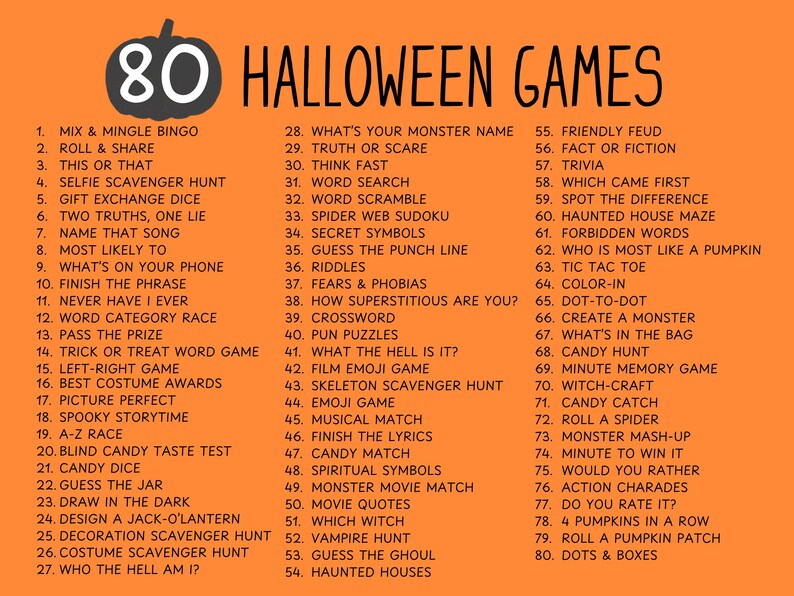 Op de afbeelding: Een oranje achtergrond met een zwarte pompoenillustratie en de tekst "80 HALLOWEEN GAMES". De lijst bevat verschillende spelidee&euml;n zoals "Candy Dice", "Haunted House Maze" en "Witch-Craft".