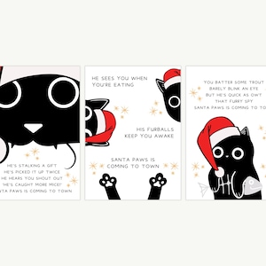 Lot de 3 cartes de Noël drôles de chat noir avec les pattes du père Noël, chanson festive, jeu de mots, blague, voeux de vacances mignon moderne, papa, chat, carte de Noël animal idiot pour maman de chat