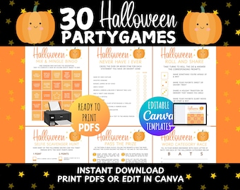 Op de afbeelding: Een Halloween-partyspelset met de tekst "30 Halloween Partygames". Het ontwerp bevat oranje pompoenen, sterren en spel sjablonen. Inclusief "Klaar om af te drukken PDF's" en "Bewerkbare Canva-sjablonen" opties.