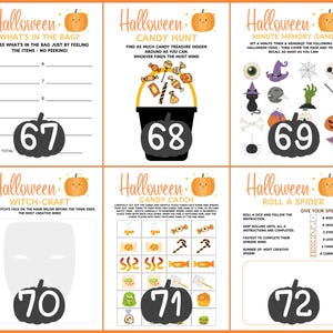 Op de afbeelding: Een set van zes Halloween-spelkaarten. Elke kaart heeft een pompoenafbeelding en een ander spel, waaronder "Wat zit er in de tas?", "Candy Hunt" en "Minute Memory Game". De kaarten zijn ontworpen voor Halloween-plezier.