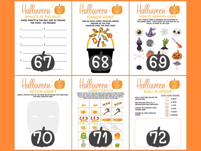 Op de afbeelding: Een set van zes Halloween-spelkaarten. Elke kaart heeft een pompoenafbeelding en een ander spel, waaronder "Wat zit er in de tas?", "Candy Hunt" en "Minute Memory Game". De kaarten zijn ontworpen voor Halloween-plezier.