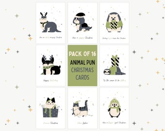 Funny Christmas Cards Pack of 16 Cute Christmas Cards, Animal Xmas Cards Pack, Christmas Pun Cards, Joke Christmas Cards Cat Mums & Dog Dads