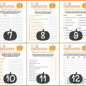 Op de afbeelding: Een set van zes Halloween-spelbladen met oranje en zwarte tekst en pompoenillustraties. Spellen zijn onder meer "Name That Song", "Most Likely To", "What's On Your Phone", "Finish the Phrase", "Never Have I Ever" en "Word Category Race."