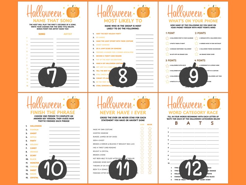 Op de afbeelding: Een set van zes Halloween-spelbladen met oranje en zwarte tekst en pompoenillustraties. Spellen zijn onder meer "Name That Song", "Most Likely To", "What's On Your Phone", "Finish the Phrase", "Never Have I Ever" en "Word Category Race."