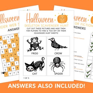 Op de afbeelding: Halloween-thema printbare spelvellen. Bevat een spinnenwebdoolhof, een skelet scavenger hunt met illustraties van kikker, kraai, kat en spin, en een feit of fictie antwoordblad.