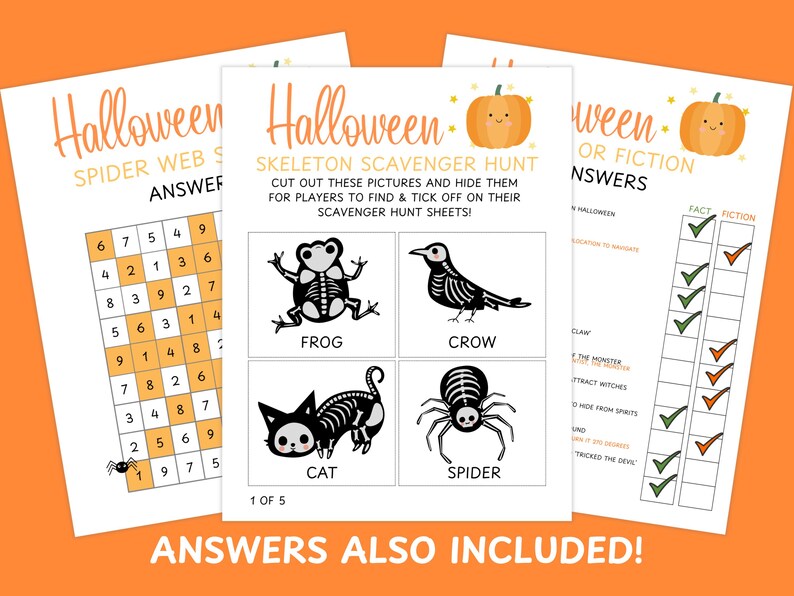 Op de afbeelding: Halloween-thema printbare spelvellen. Bevat een spinnenwebdoolhof, een skelet scavenger hunt met illustraties van kikker, kraai, kat en spin, en een feit of fictie antwoordblad.