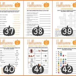Op de afbeelding: Een set van zes Halloween-activiteitenbladen met oranje randen. Elk blad bevat een ander spel of puzzel, waaronder angsten en fobie&euml;n, bijgeloof, kruiswoordraadsels, woordspelingen, woordpuzzels en een film-emoji-spel. Elk blad heeft een pompoenafbeelding.