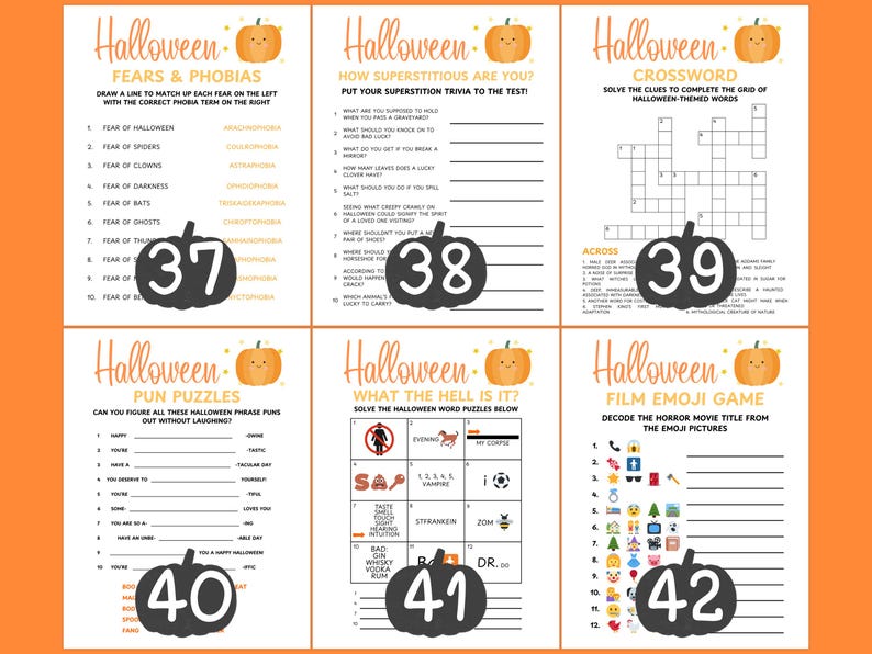 Op de afbeelding: Een set van zes Halloween-activiteitenbladen met oranje randen. Elk blad bevat een ander spel of puzzel, waaronder angsten en fobie&euml;n, bijgeloof, kruiswoordraadsels, woordspelingen, woordpuzzels en een film-emoji-spel. Elk blad heeft een pompoenafbeelding.