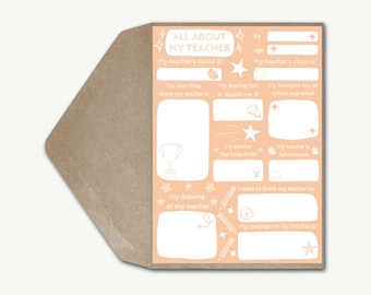 All About My Teacher Personalised Thank You Card Funny Kids Fill In Blanks Child Toddler Q&A Questionnaire End of School Term Keepsake Gift