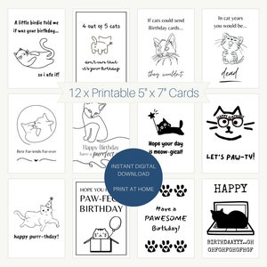 Lot de 12 cartes d'anniversaire imprimables drôles de chat, carte d'anniversaire de maman de chat de blague de chat de papa carte de voeux de parent de chat drôle de jeu de mots de chat de carte à télécharger