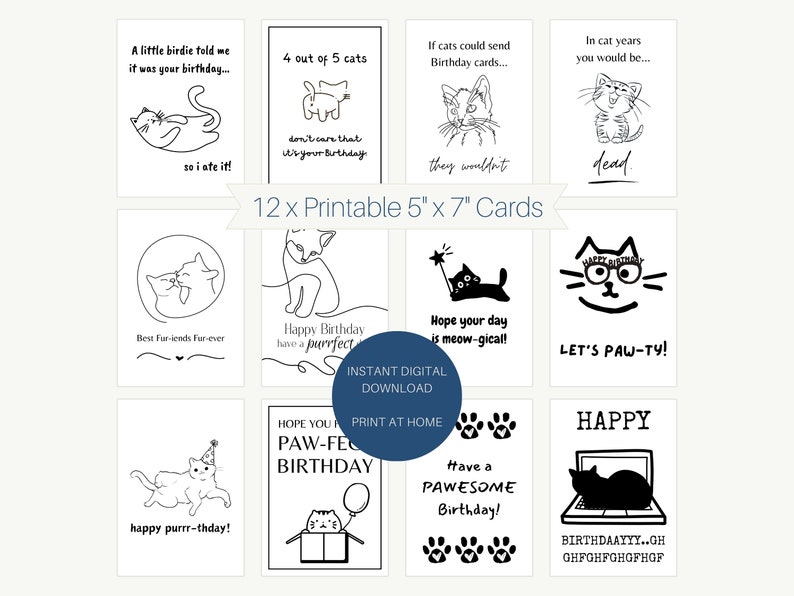 Printable Funny Cat Birthday Cards Pack of 12, Cat Mum Birthday Card ...