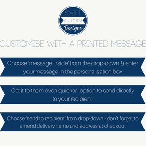 May include: A blue and white graphic with the text "SWIFT CUSTOM Designs" in a circle. The text "CUSTOMISE WITH A PRINTED MESSAGE" is in a larger font. Three blue banners with white text explain how to customize a product with a printed message.