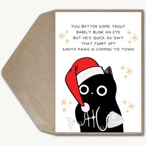 Santa Paws grappige zwarte kat kerstkaart, feestelijk lied woordspeling grap moderne leuke vakantiewenskaart kat vader, kat moeder Silly Animal kerstkaart
