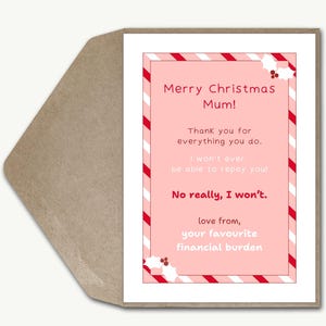Tarjeta navideña divertida personalizada, la carga financiera favorita de mamá no podrá pagarte, broma de mamá del banco, tarjeta de felicitación navideña moderna y tonta