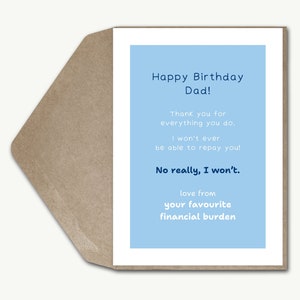 Tarjeta de cumpleaños divertida personalizada Papá La carga financiera favorita no podrá pagarle Broma del banco de papá Tarjeta de felicitación divertida Cumpleaños de papá